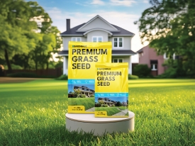 Two grass seed bags on pedestal in a home lawn surrounded by beautiful green grass