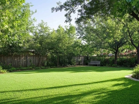 Homelawn with partial shade produced by trees under a clear blue sky.