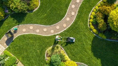 Overhead view of landscaper mowing a yard with grass, bushes, and path