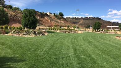 Green lawn in a city park with rocky hills in the background. 