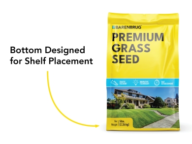 Yellow Grass seed bag with Premium Grass Seed on the front with explainer text on the side