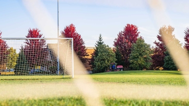 Natural grass soccer field looking through goal net.