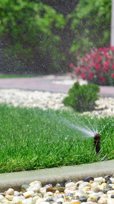 close up of sprinkler watering kentucky bluegrass lawn