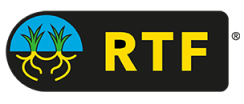 Letters RTF in yellow on a black background with two grass plants and roots connected