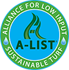 Logo with green and blue background and the text A-List Alliance for Low Input Sustainable Turf 