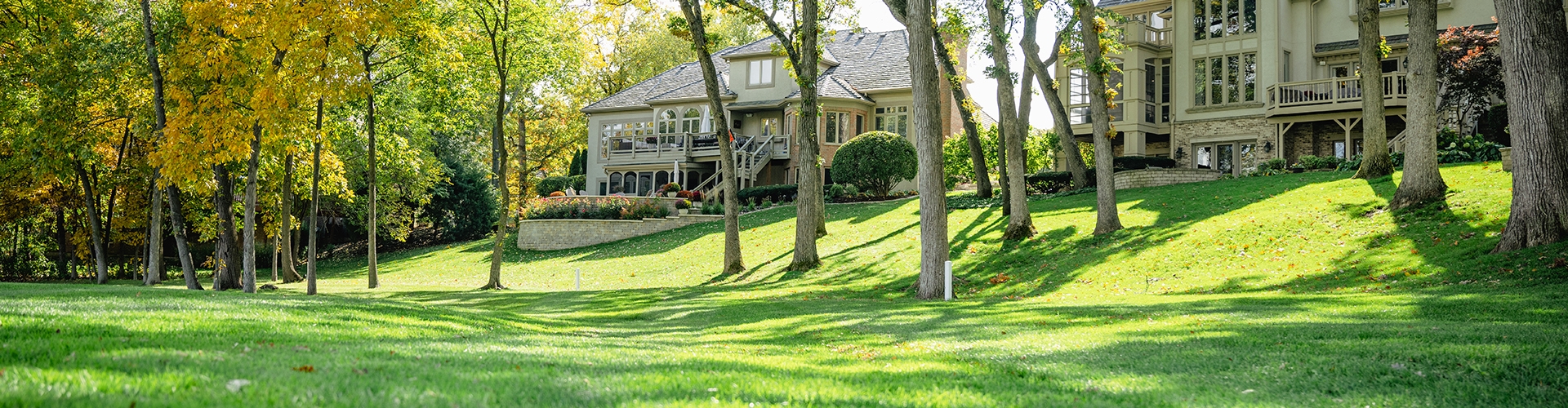 Two upscale homes on the edge of a green lawn with sun and shade from thin trees