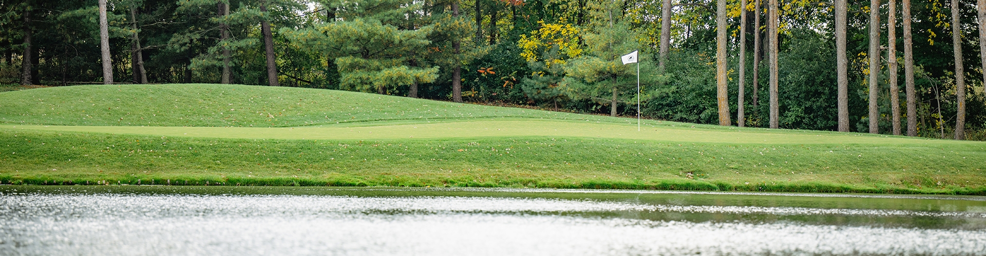 Landscape image of golf turf with water in foreground and dense trees in background