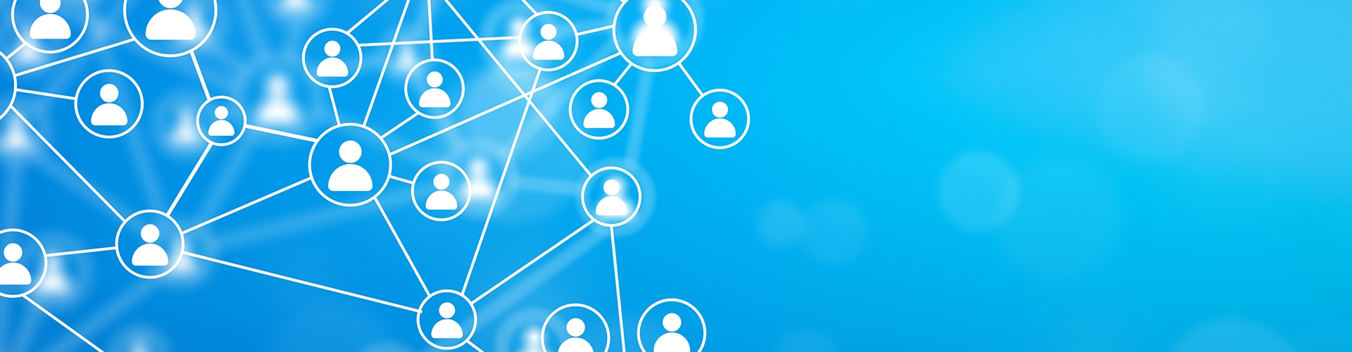 Illustration with a blue background a white lines and animated heads with circles