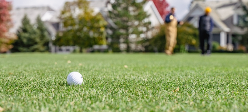 Close up of golf ball on grass with trees and house in background