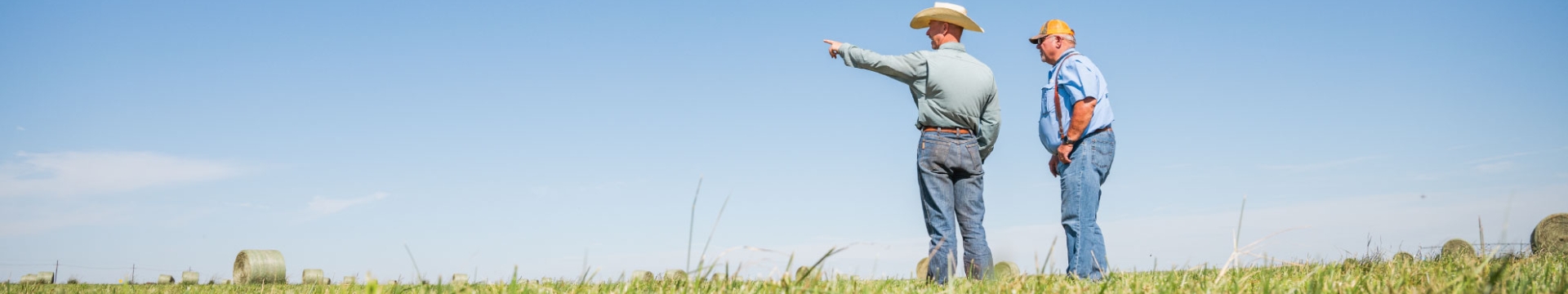 Two ranchers standing in pasture.