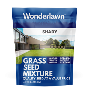 Blue bag of grass seed with the words Wonderlawn, Shade, Grass Seed Mixture