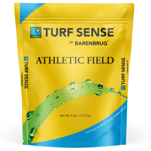 Yellow bag of grass seed with the words Turf Sense by Barenbrug Athletic Field