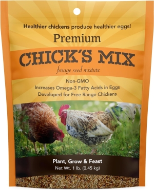 Small orange bag of grass seed with the words Premium Chick's Mix and a photo of a chicken