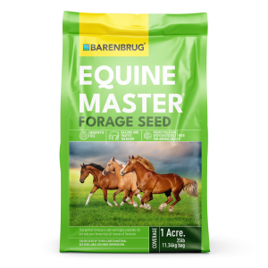 Green bag of grass seed with the words Barenbrug Equine Master Forage Seed