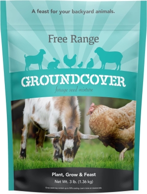 Teal blue grass seed bag with the words Free Range GroundCover and a picture of a goat and chicken