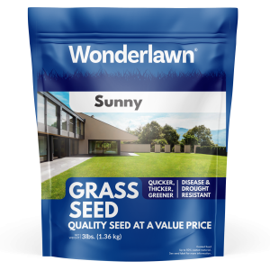 Blue bag of grass seed with the words Wonderlawn, Sunny, Grass Seed