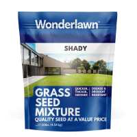 Blue bag of grass seed with the words Wonderlawn, Shade, Grass Seed Mixture