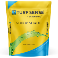 Yellow bag of grass seed with the words Turf Sense by Barenbrug Sun & Shade