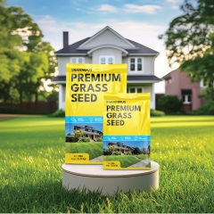Two grass seed bags on pedestal in a home lawn surrounded by beautiful green grass