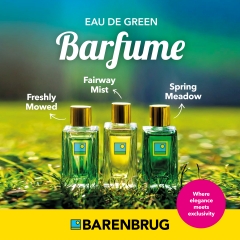 Three perfume bottles on grass with "Barfume" written large above.